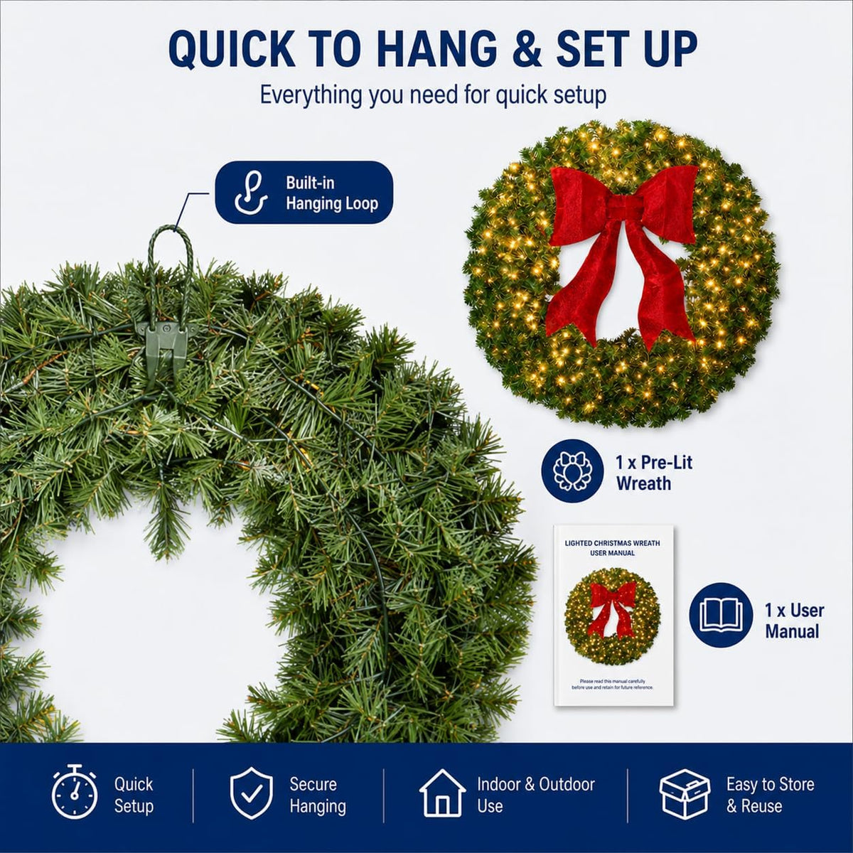 36in Large Pre-Lit Christmas Wreath with Bow, Artificial Greenery
