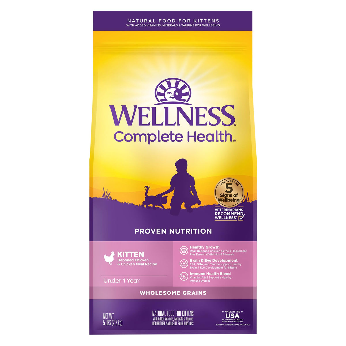 Wellness Complete Health Adult Dry Cat Food, Natural, Wholesome Grains Kibble, Chicken Recipe, 5 lb Bag