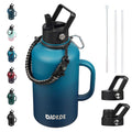 BJPKPK Half Gallon Insulated Water Bottles with Straw Lid & Side Handle, 64oz Large, Stainless Steel Water Bottles with 3 Lids and Paracord Strap, Metal Water Jug,Black
