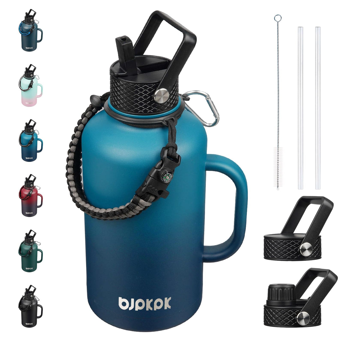 BJPKPK Half Gallon Insulated Water Bottles with Straw Lid & Side Handle, 64oz Large, Stainless Steel Water Bottles with 3 Lids and Paracord Strap, Metal Water Jug,Black