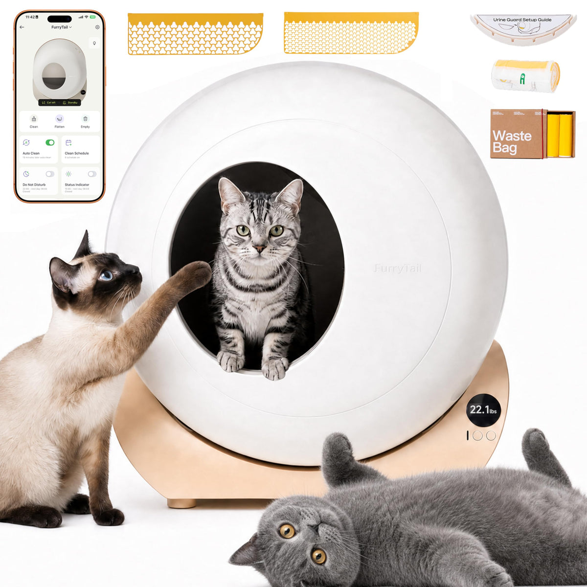 FurryTail Self Cleaning Litter Box with APP - Automatic Cat Litter Box for All Your Cats, Odor Control, Spacious Interior and Large Wastes Bin Capacity,Includes 40 Litter Bags