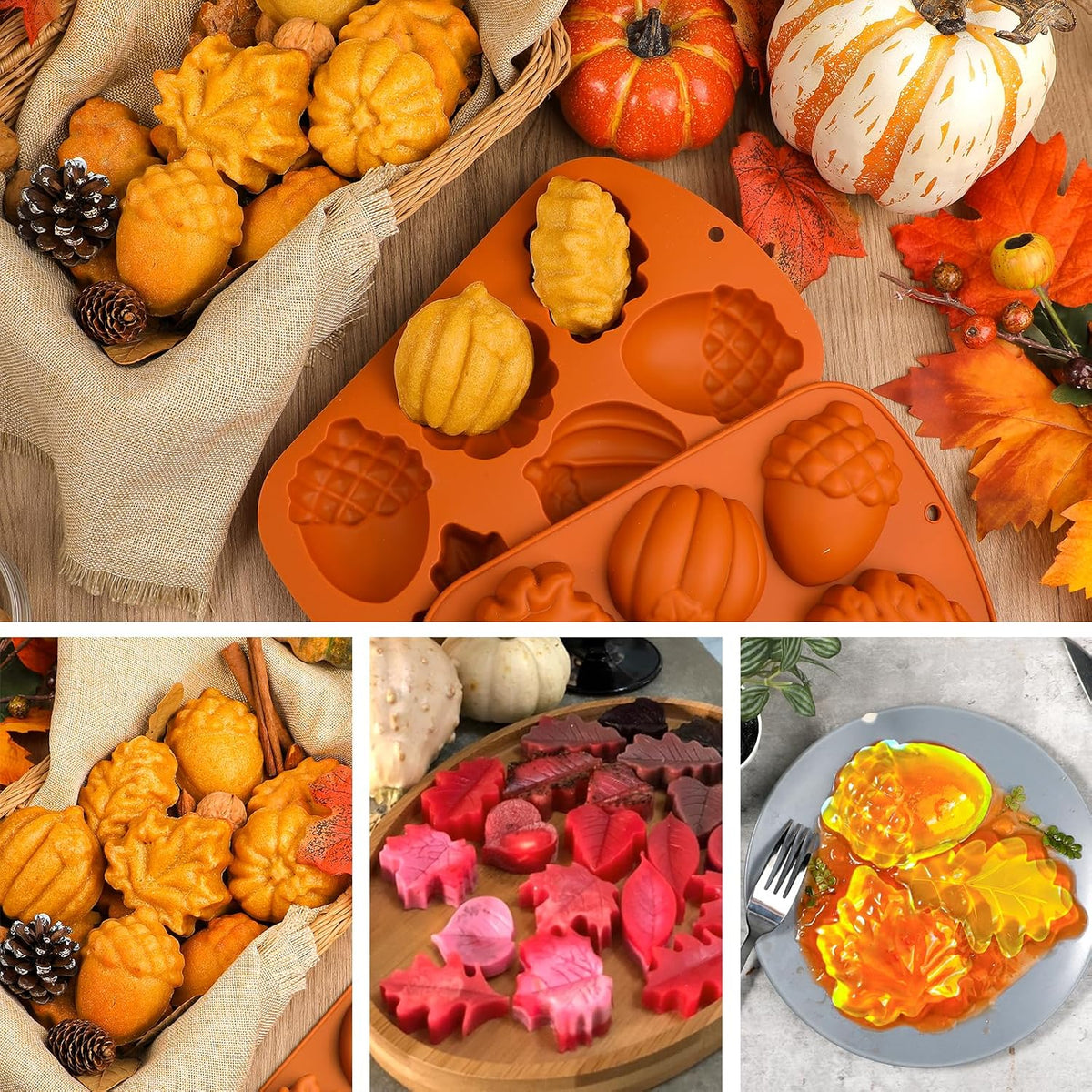Webake Fall Silicone Molds Harvest Cake Pan, 3D Maple Leaf Acorn Pumpkin Mold for Autumn Treats, Plaster, Halloween, Thanksgiving, 2Pcs