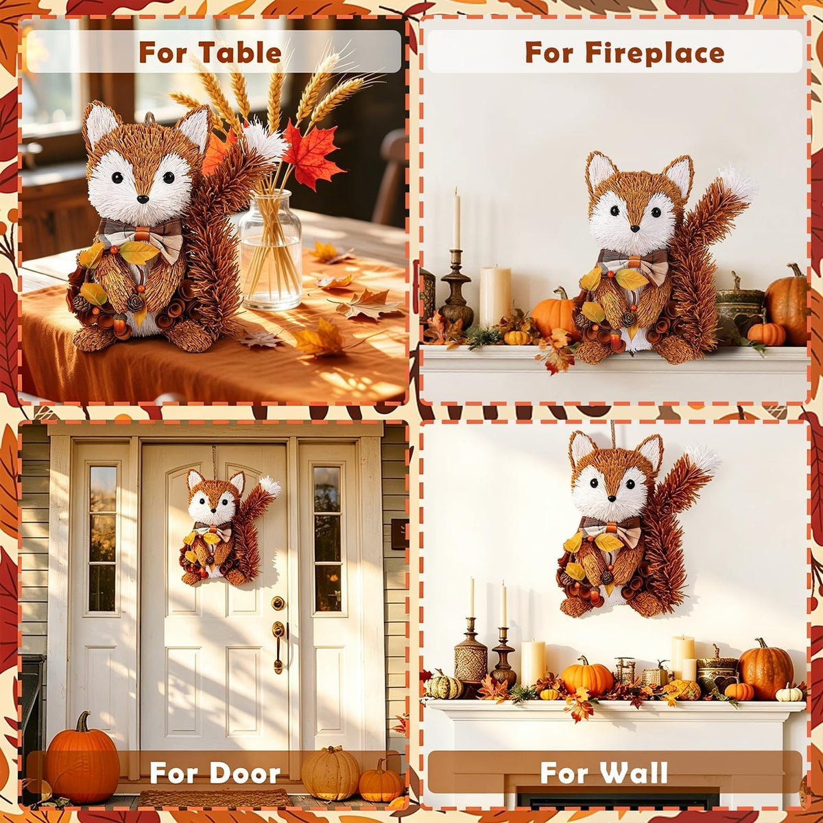 Fall Wreath for Front Door, 13.4" Thanksgiving Straw Fox Figurine with Woodchip Pinecone, Hanging Harvest Autumn Gifts, Tabletop Centerpieces, Woodland Animal Home Kitchen Office Decor