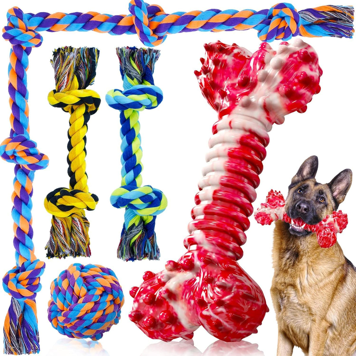 SHARLOVY Large Tough Chew Toys for Aggressive Chewers Large Breed,Heavy Duty Dental Rope Toys Kit for Medium Dogs,5 Knots Indestructible Cotton Puppy Teething Chew Tug Toy Set of 9
