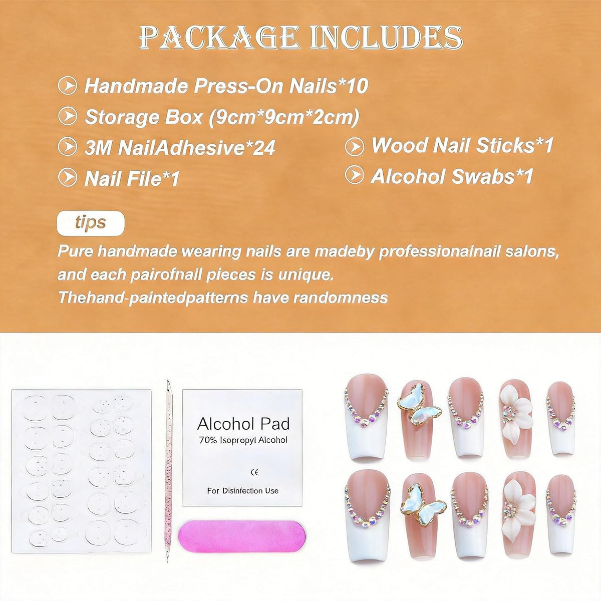 Luxury Handmade Press on Nails - Long Square White French Tips Press on Nail with Almond 3D Rhinestones, Flowers & Butterflies, Acrylic Multi-Layer Gel False Nails for Women (10Pcs Size M)