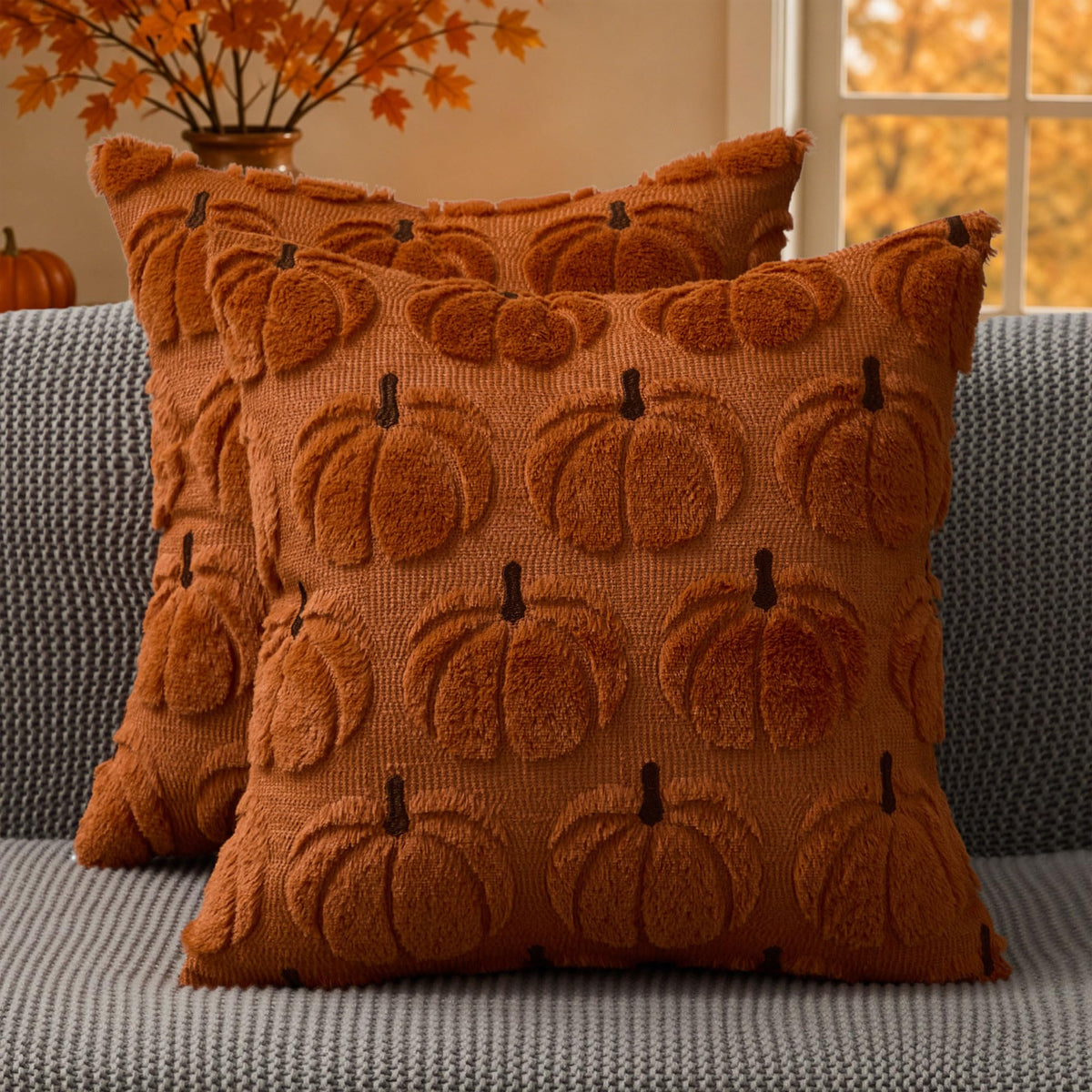 DFXSZ Fall Pillow Covers 18x18 2Pcs Rust Pumpkin Fall Decorations for Home | Fall decor Set of 2 Throw Pillow Cases Soft Plush Faux Fur Wool Couch Cushion for Chair Sofa Bedroom Living Room Home Decor