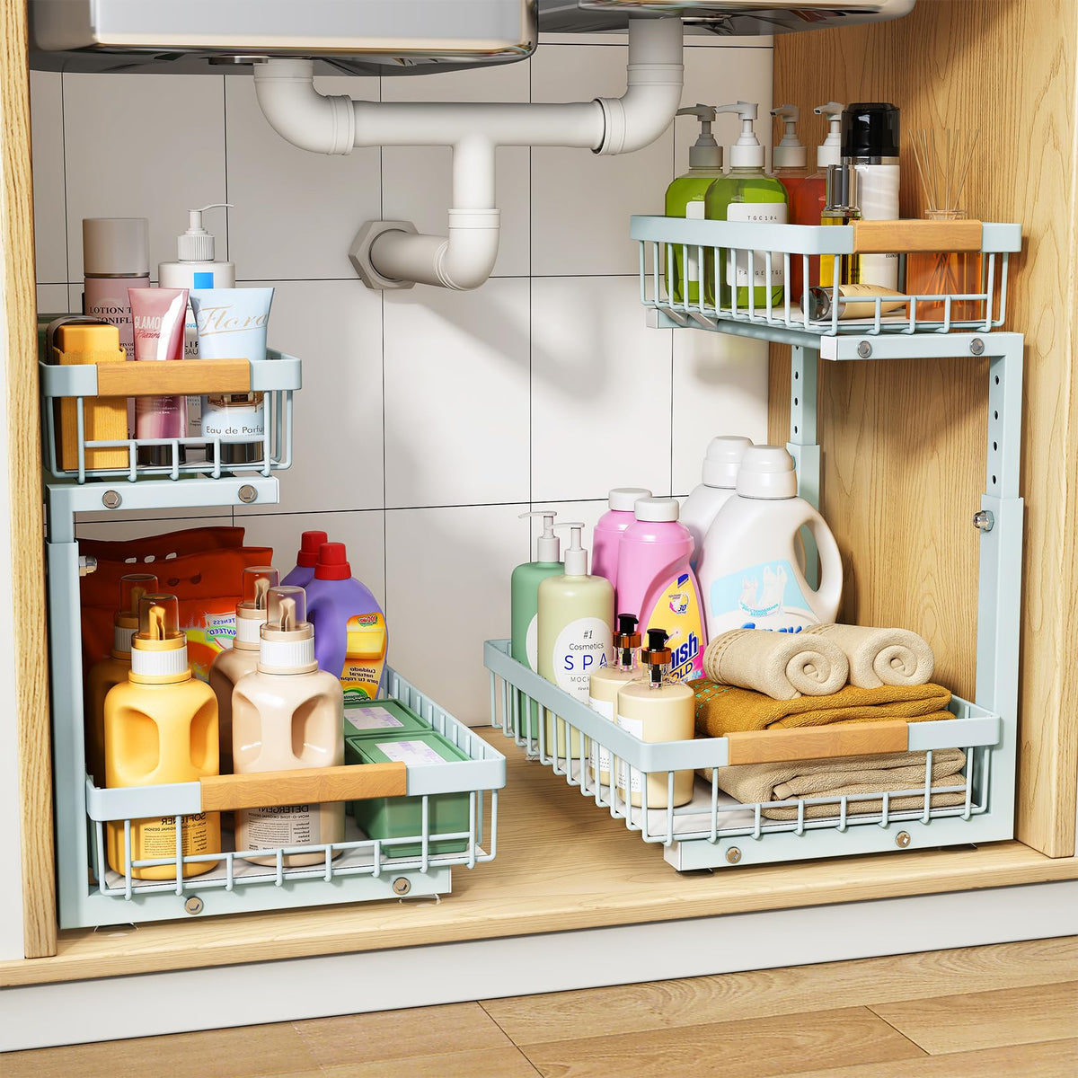 PXRACK Under Sink Organizer, Adjustable Height, 2 Tier Pull Out Under Cabinet Organizer, Slide Out Thickened Metal Under Sink Storage for Kitchen Bathroom Laundry Pantry Cabinet, White, Large-2-Pack