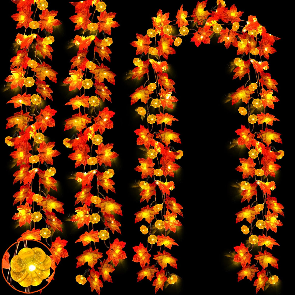 Timer&3 Pack Fall Decor 30Ft Fall Garland with Lights 60LED Autumn Garland | Patented Realistic Maple Leaves Garland Fall Decorations for Home, Battery Operated Waterproof Thanksgiving Halloween Decor