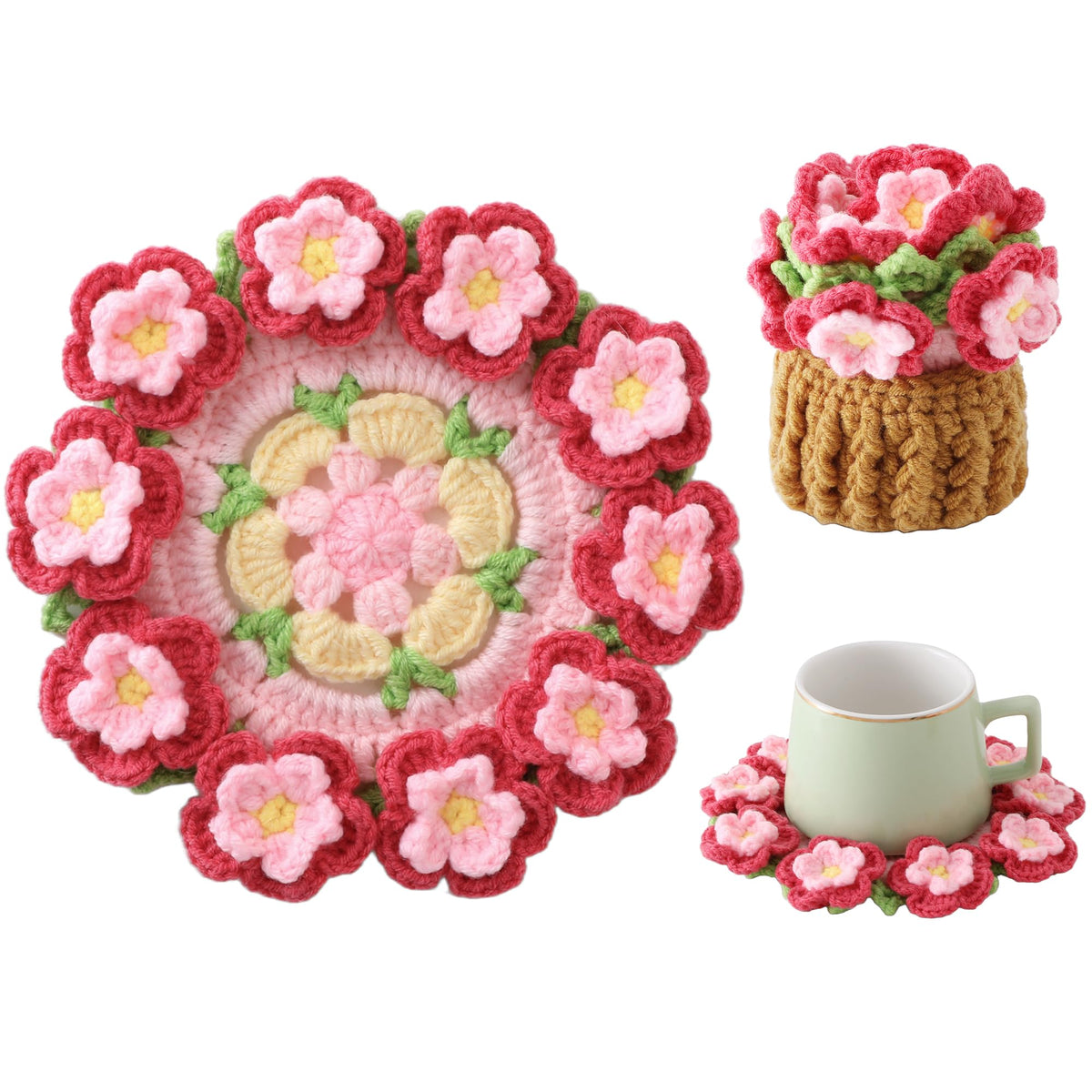 Crochet Flower Coasters, Handmade Bouquet Coasters with Crochet Plant Pot (Sunflower Yellow, 1Pc)