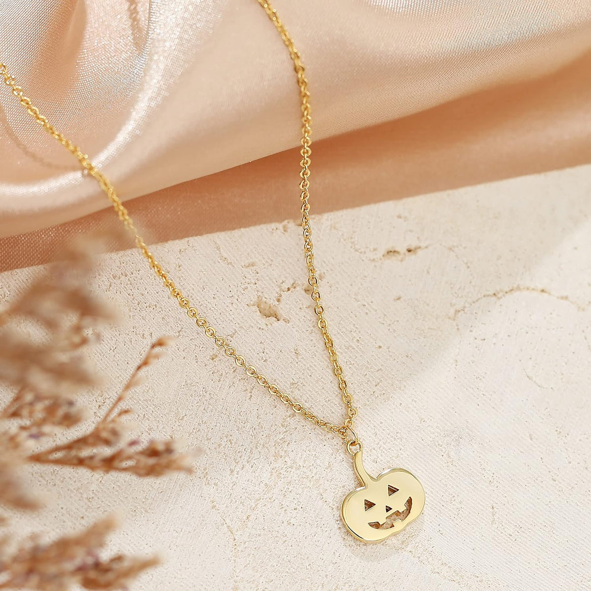Pencros Dainty Pendant Necklace,18K Gold Plated Pumpkin Ghost Hammered Coin Delicate Chain Minimalist Simple Halloween Jewelry Friend's Gift