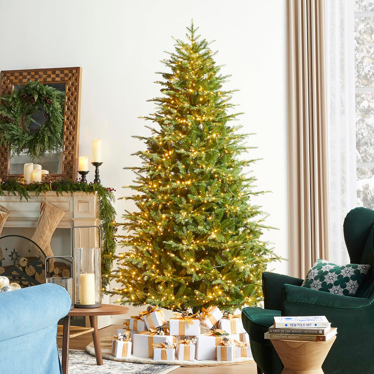 Glitzhome 15ft Prelit Artificial Christmas Tree, Vibrant Evergreen Fir with 5,000 Warm White/Multi-Color Chasing and Twinkling Lights, 13,459 PE&PVC Branch Tips, 9 Function w/Foot Pedal, Simple Setup