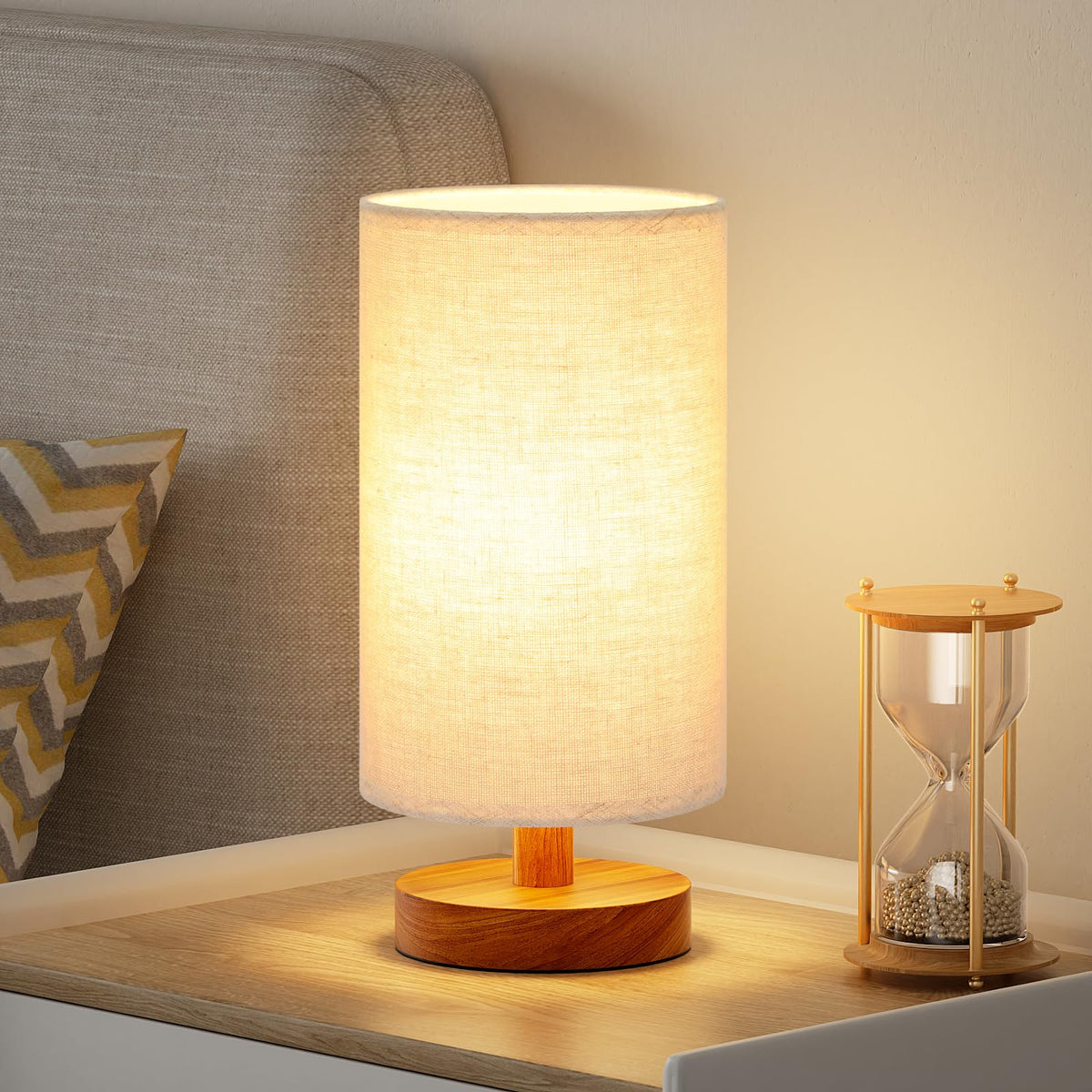 9" Small Table Lamp for Bedroom - Inline Control with 3000K Blub | Cream Shade and Wood Base | 680 Lumens | Easy Assembly | Minimalist Design | E26 | for Kitchen | for Kids Room