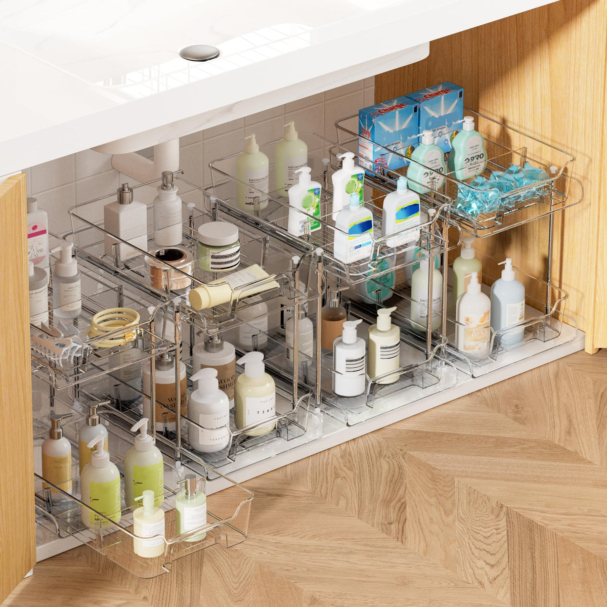 Vtopmart 4 Pack Pull Out Bathroom Under Sink Organizer (S-Standard) | Slide-out drawers, Multi-purpose storage, Clear visibility, Easy Set-up
