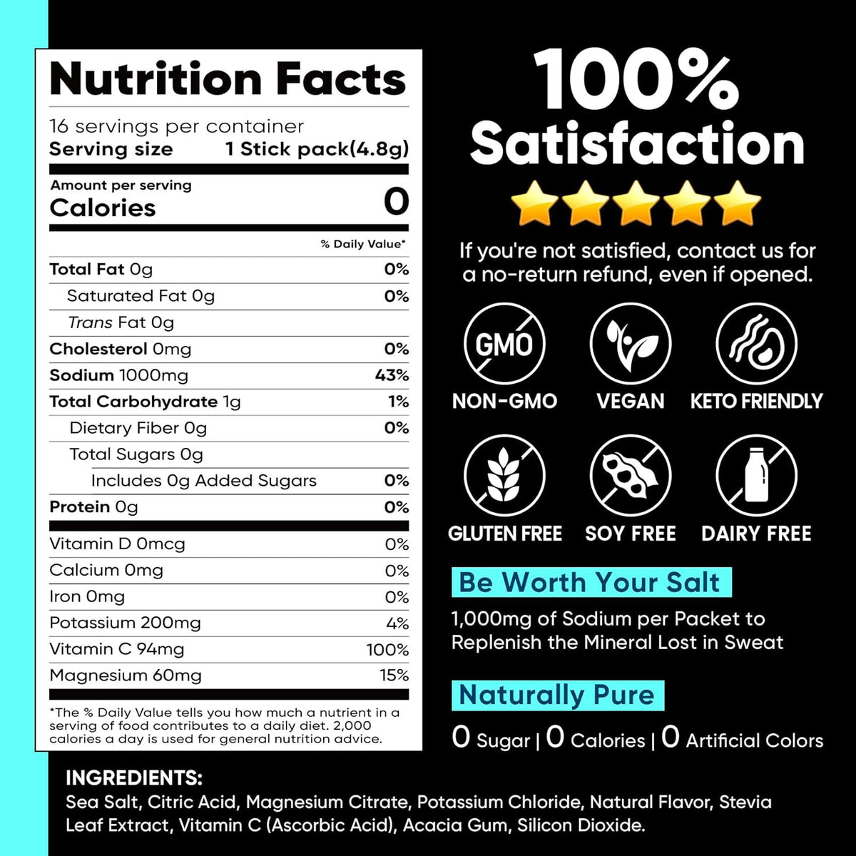 Venture Pal High Sodium Sugar-Free Electrolyte Powder Packets - Hydration Packets with Sodium, Potassium & Magnesium | Zero Calories | Keto, Vegan, and Paleo Friendly | 16 Sticks