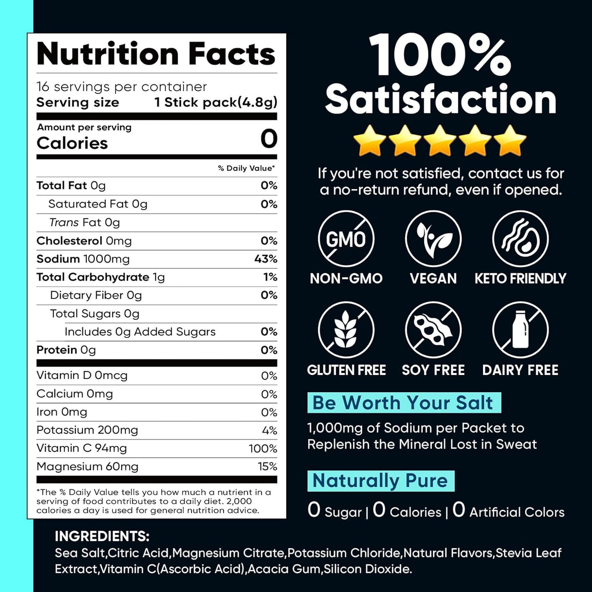 Venture Pal High Sodium Sugar Free Electrolytes Powder Packet, Zero Calories Hydration Packets with Vitamin, Sodium, Potassium & Magnesium, Electrolyte Drink Mix, Vegan, Keto Friendly, 16 Count