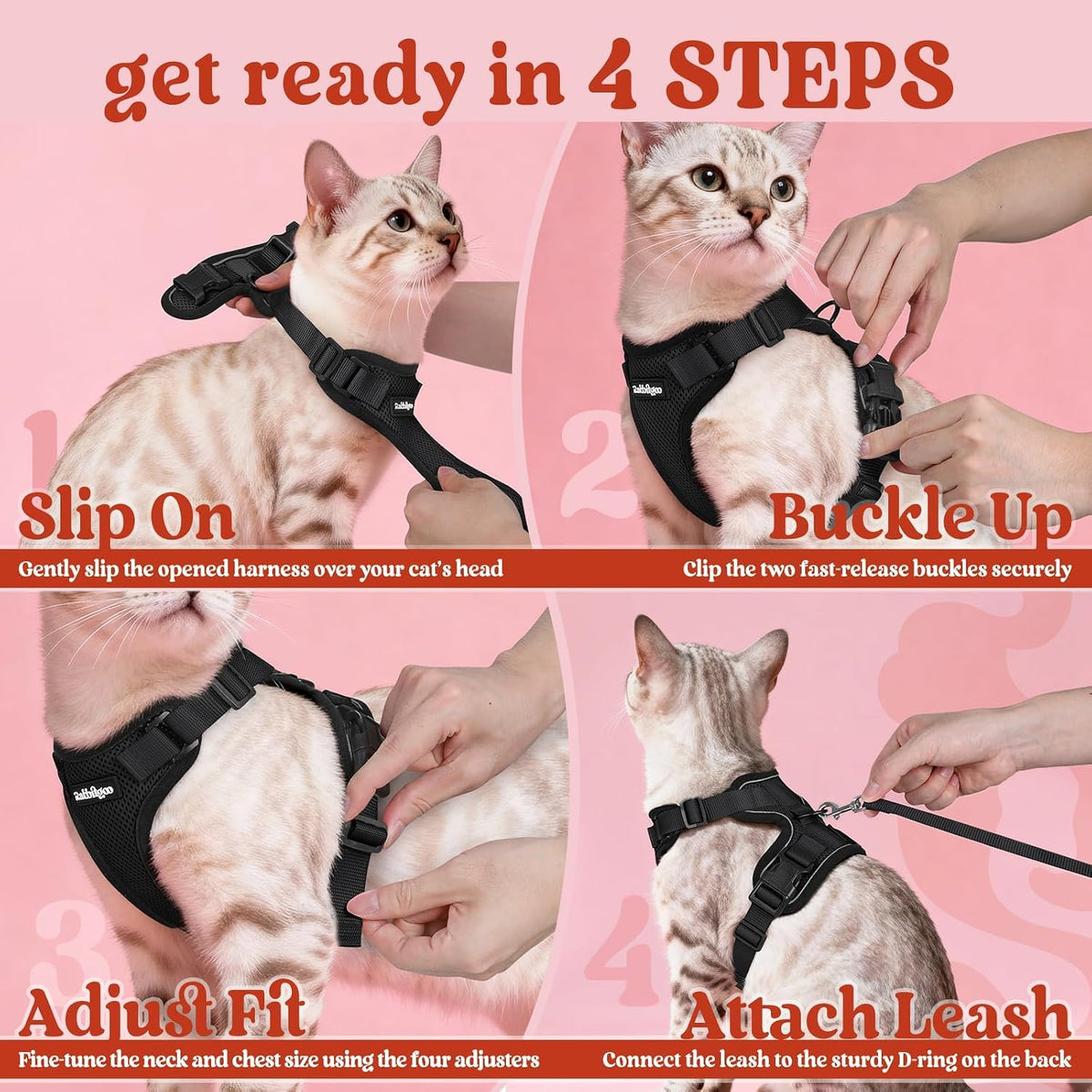 rabbitgoo Cat Harness and Leash Set, Escape Proof Vest, Black | Soft Breathable Mesh, Easy Adjustable Fit, Snap Buckles, Sturdy Clip, Reflective Strips, for Medium to Large Cats Walks, M