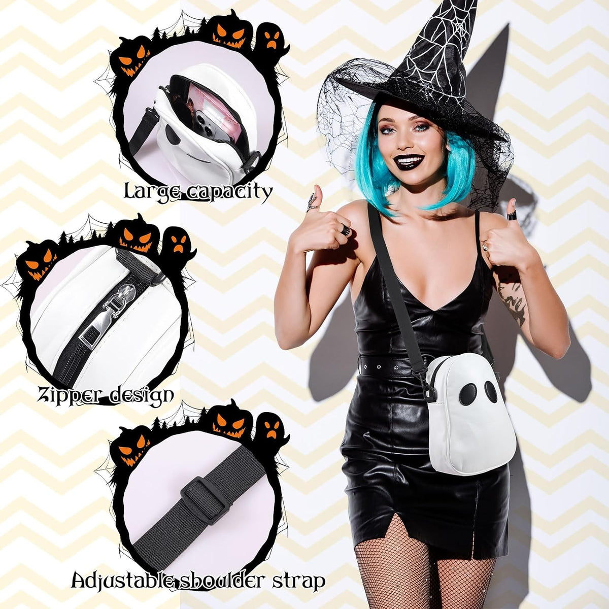 Hillban 3 Pcs Halloween PU Leather Bat Spider Web Shoulder Bag