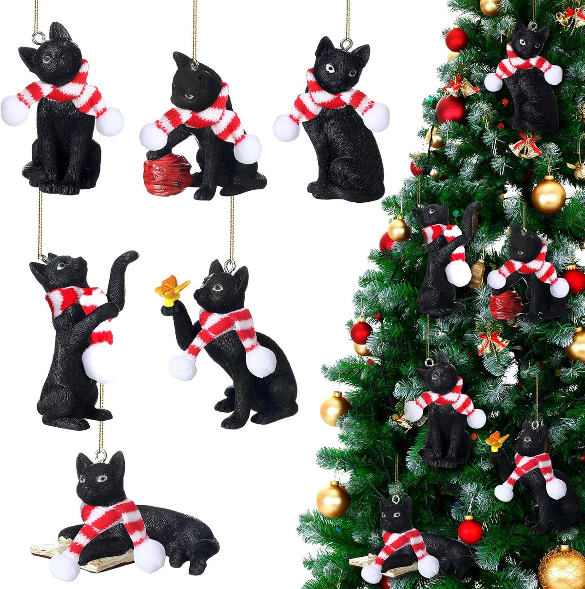 Equsion 6 Pcs Black Cat Christmas Ornament with Candy Cane Scarf Figurine