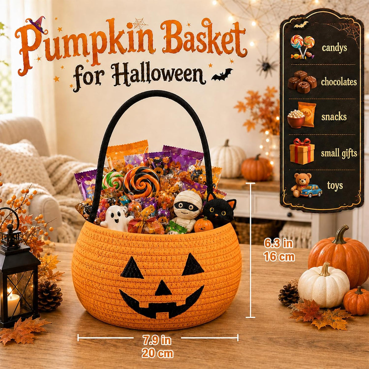 OIASKET Cotton Rope Halloween Pumpkin Basket with Handle, Trick or Treat Bucket for Kids, Woven Boo Candy Basket for Neighborhood Parades & Indoor Holiday Home Decor