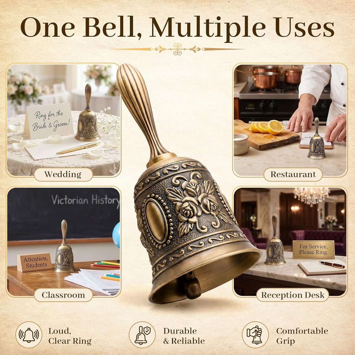 Vintage Brass Hand Bell – Loud Call Bell for Bedside, Dinner, Wedding, Christmas & Holiday Party