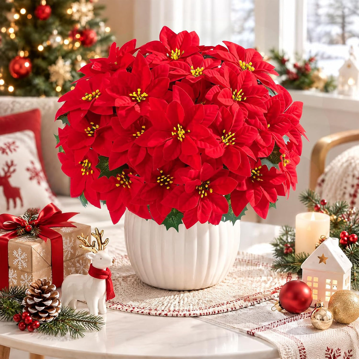 6 Pack Poinsettias Artificial Christmas Flowers Fake Red Poinsettias Flower