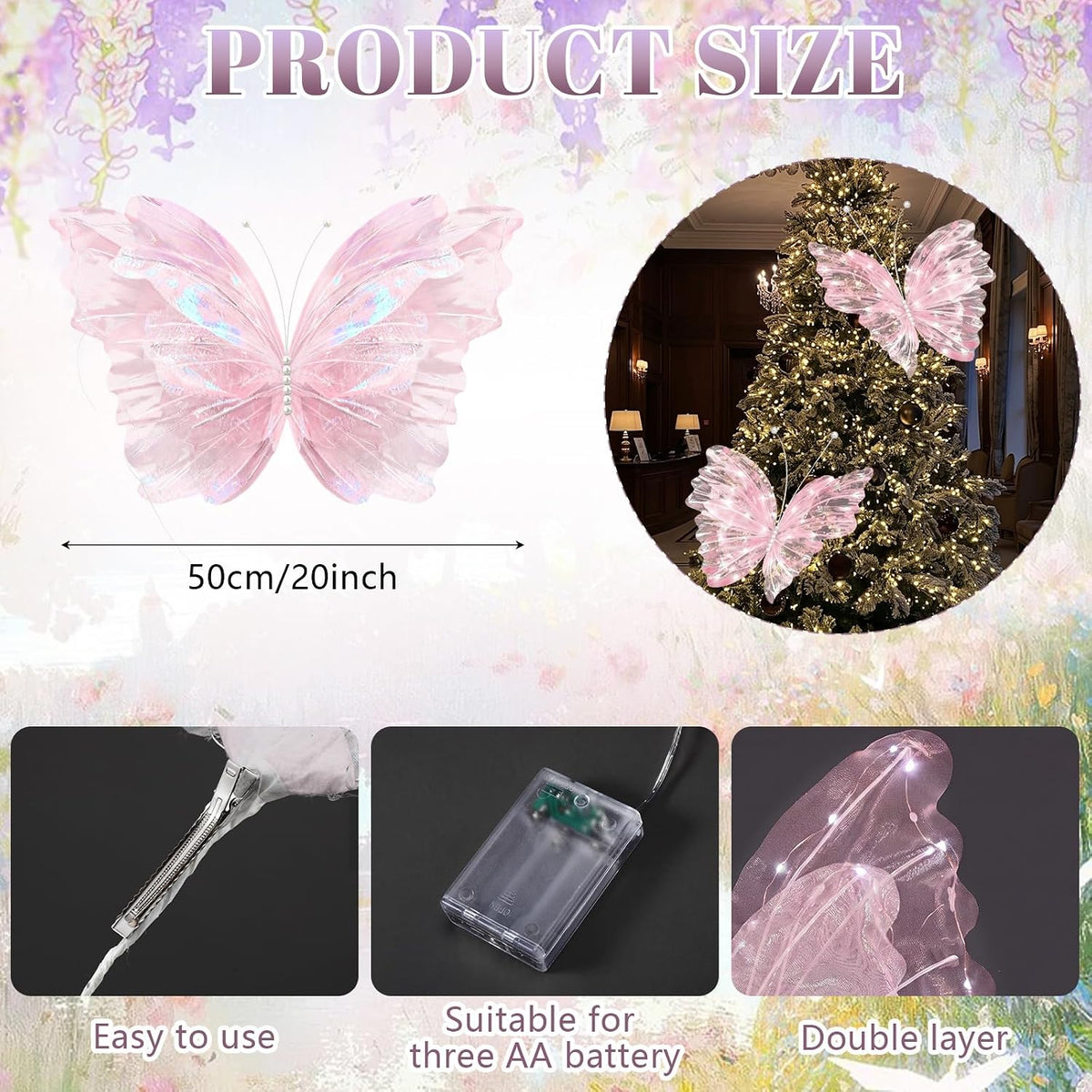 Yinkin 2 Pcs 20'' Christmas Large 3D LED Butterfly Decorations Pink