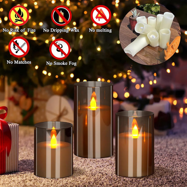 wemarry Flameless Candles 4" 5" 6" Acrylic Glass Pillars 3" Diameter Battery Operated Flickering Candles Include 8-Key Remote with Timer Function 400+ Hours (Gray, Warm Light 3 Pack)