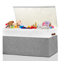 Large Toy Storage Box with Lid, Toy Chest Bin Boxes Basket with Dividers | Sturdy Toy Organizer Bin for Kids, Boys, Girls, Nursery, Living Room, Bedroom, Playroom 25"x13" x16" (Beige and White)