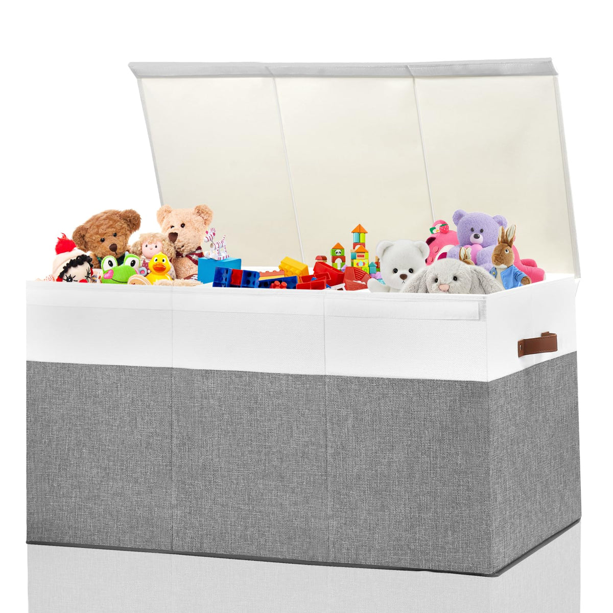 Large Toy Storage Box with Lid, Toy Chest Bin Boxes Basket with Dividers | Sturdy Toy Organizer Bin for Kids, Boys, Girls, Nursery, Living Room, Bedroom, Playroom 25"x13" x16" (Beige and White)