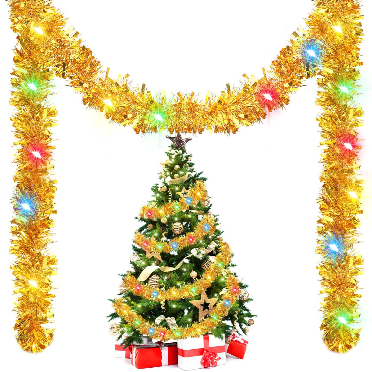 16.4 ft Christmas Tinsel Garland with Light, Multicolor, Red and Green