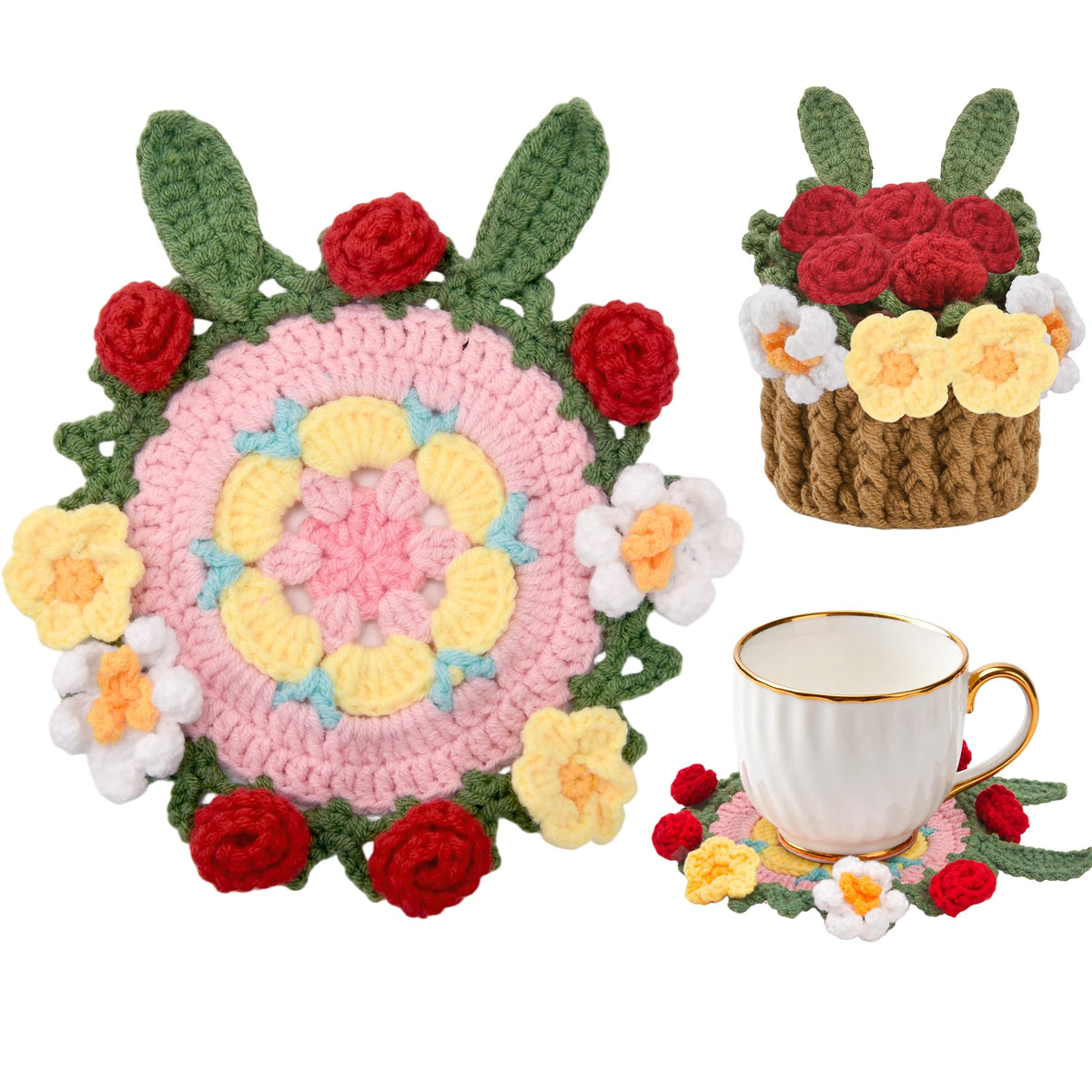 Crochet Flower Coasters, Handmade Bouquet Coasters with Crochet Plant Pot (Sunflower Yellow, 1Pc)