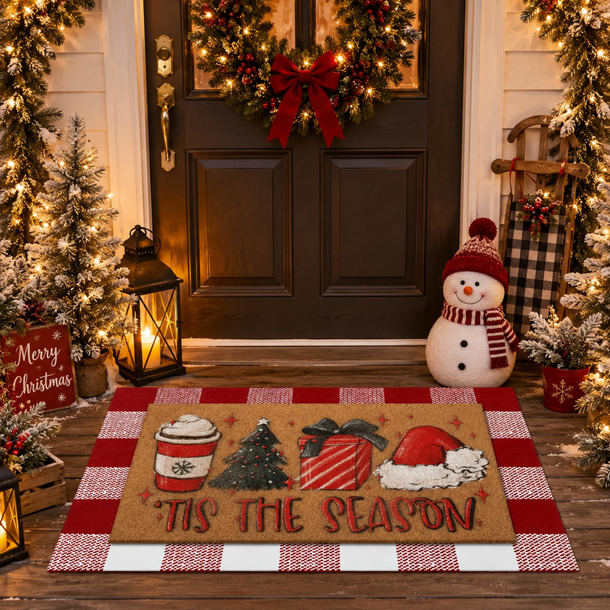 Tinideya 2 23.6 X 35.4 Inches Plaid Ghost Red Brown | Layered Coir Doormat Set, Non Slip Backing for Outdoor Entryway, Buffalo Plaid Seasonal Design, Front Porch Home Decor