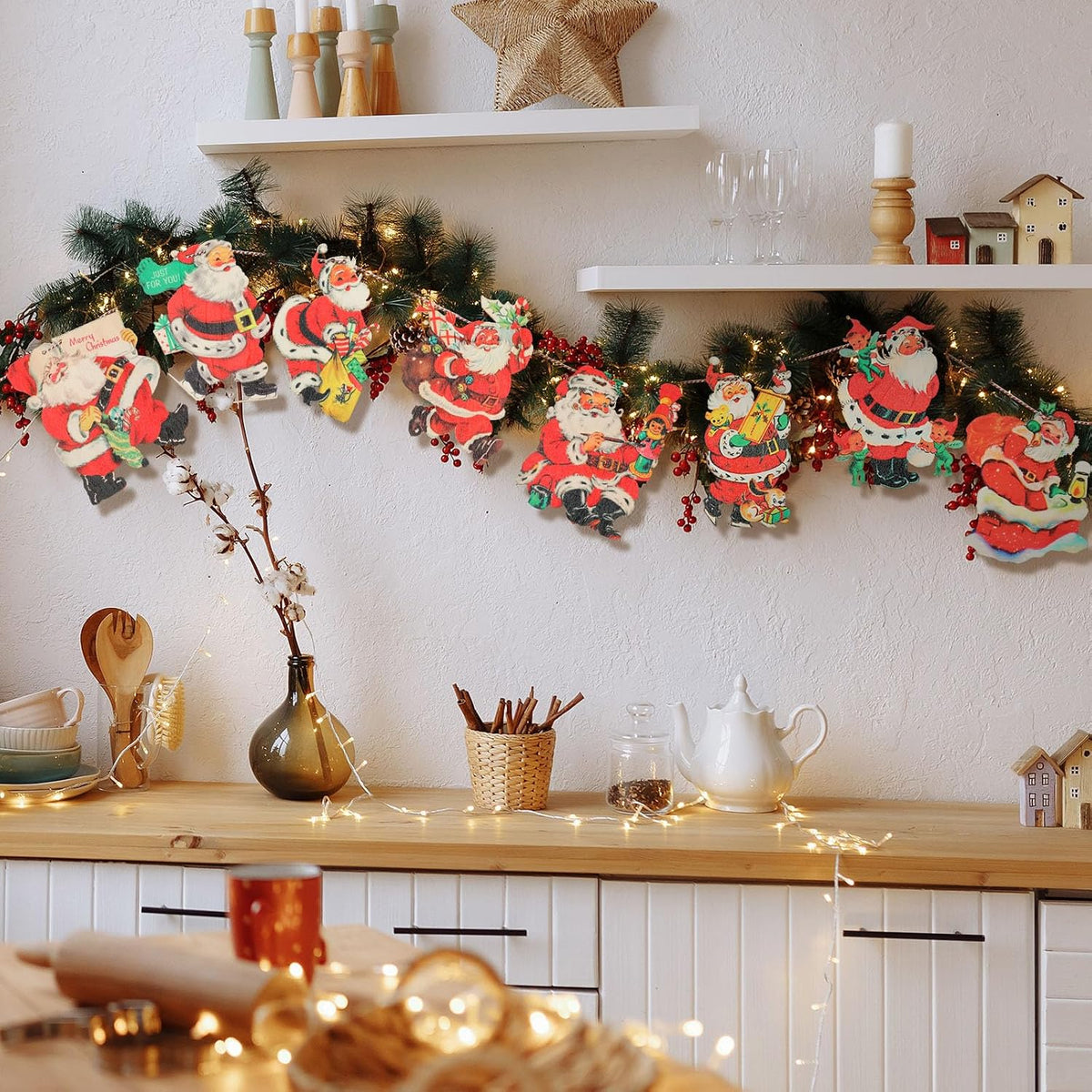 Cinnvoice 6.56 ft Vintage Christmas Banner Santa Hanging Garland Wooden