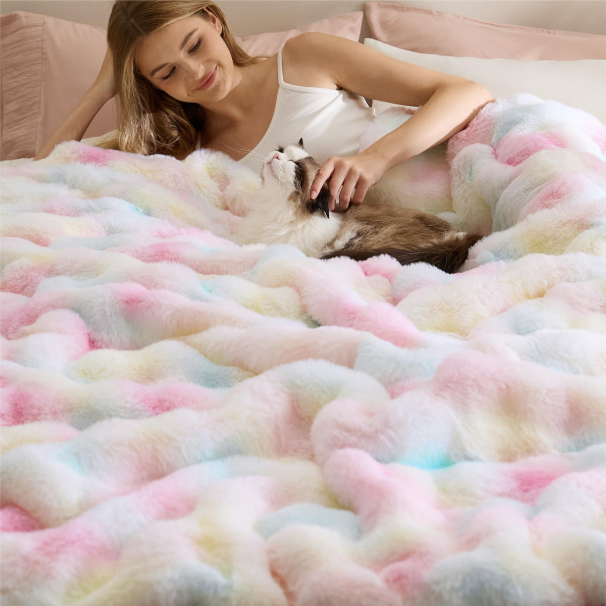Bedsure Fluffy Bubble Faux Fur Throw Blanket, 50"x60", Cream