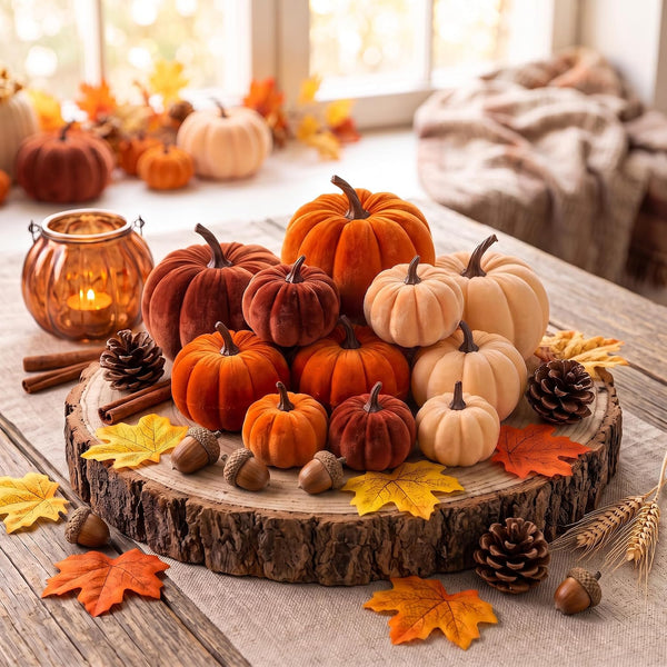 30 Pcs Velvet Fall Pumpkins Set with Leaves, Acorns & Pine Cones