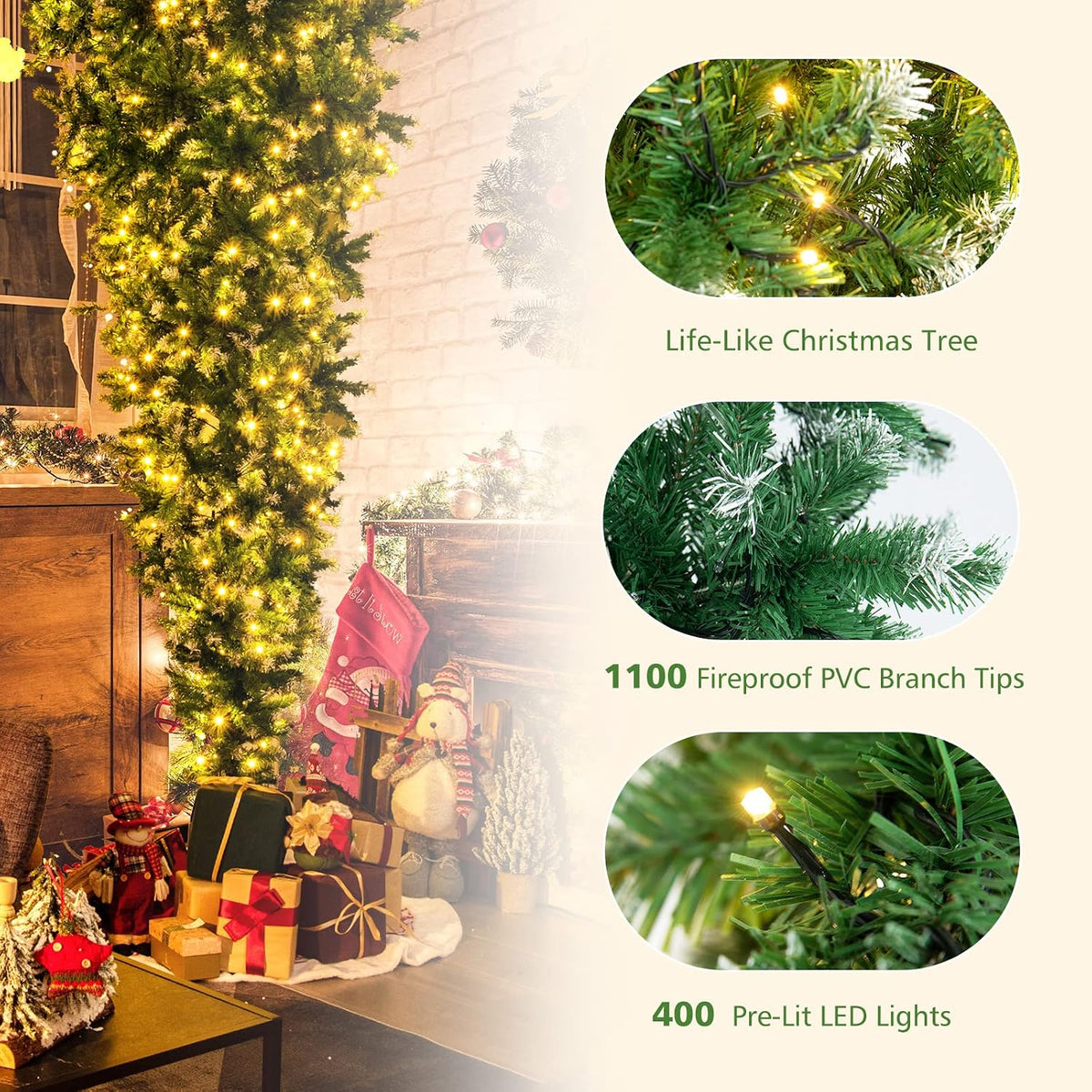DORTALA Pre-Lit Upside Down Christmas Tree, 7.5 FT Snow Artificial Inverted Xmas Tree with 1100 Branch Tips, 400 Warm LED Lights, 8 Lighting Modes, Foldable Metal Stand, Green