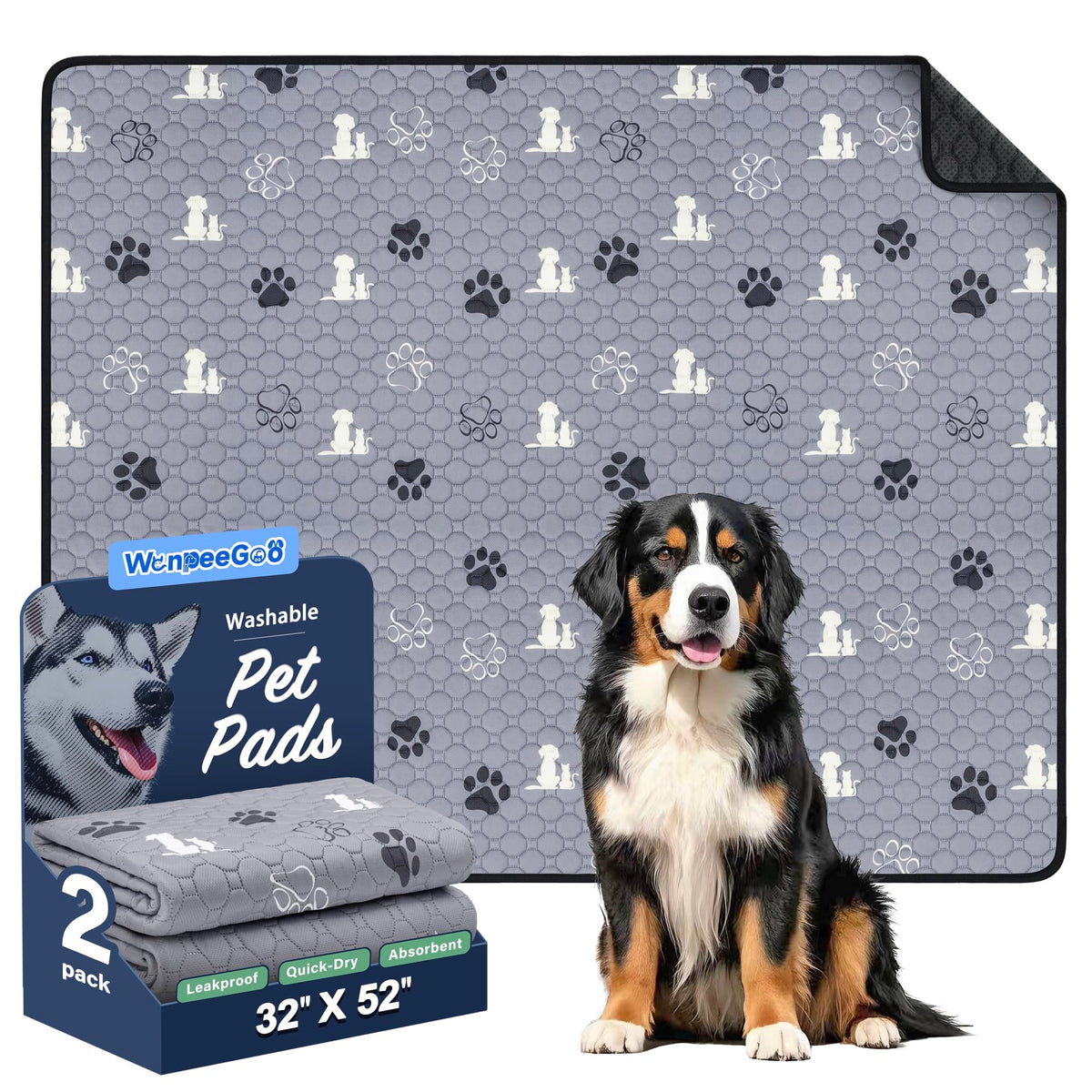 WanpeeGoo Washable Pee Pads for Dogs, Waterproof, 18 x 24 in, 4 Pack, Gray | Super Absorbent, Waterproof and Non-Slip; Washable, Reusable Dog Pads for Crates, Playpens, Floors, Furniture and Travel