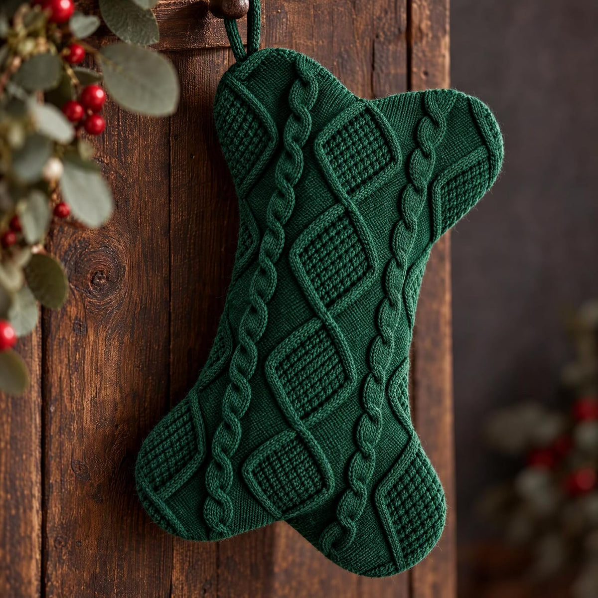 Dog Christmas Stocking, Bone‑Shape Cable Knit Pet Xmas Stocking, 3 Pack