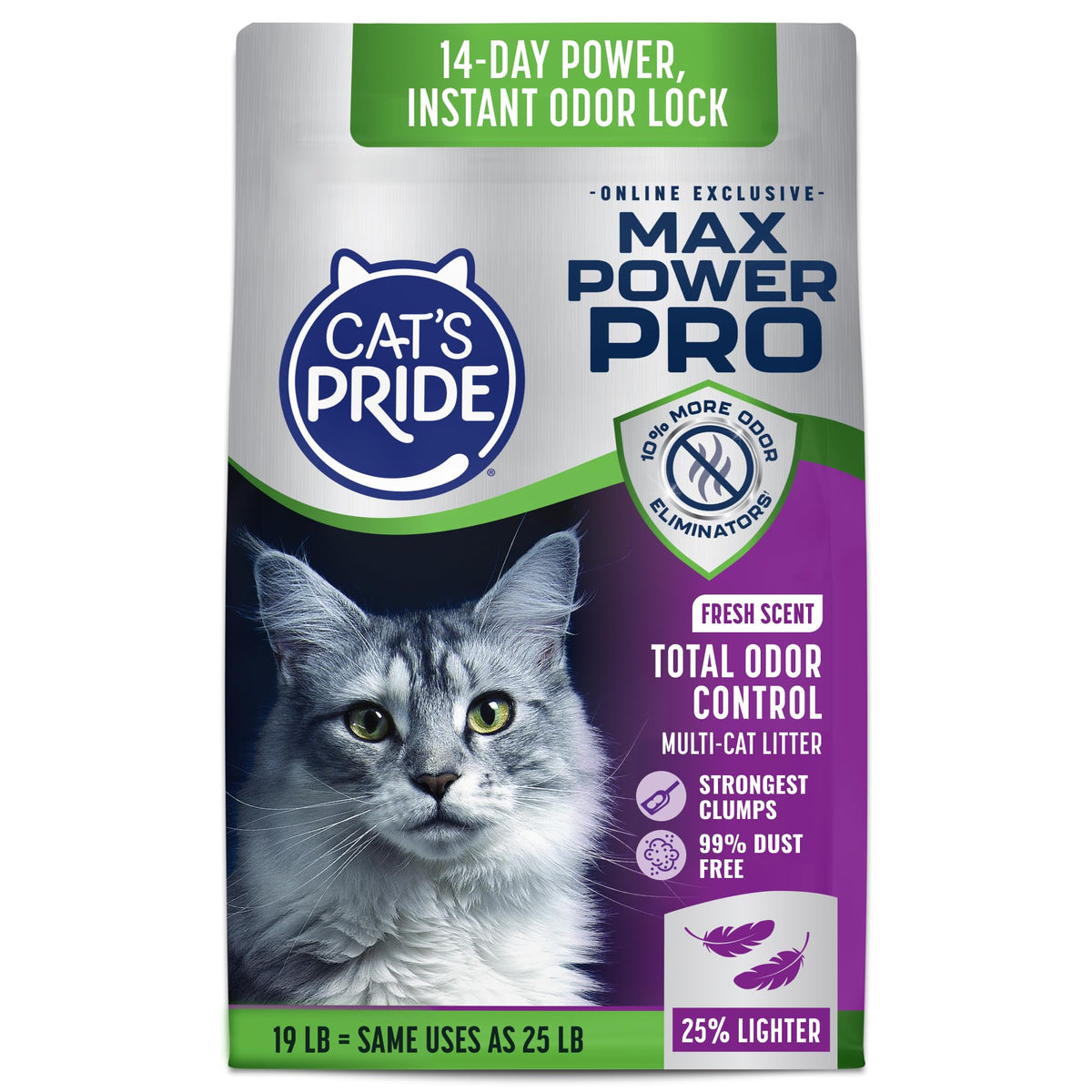 Cat's Pride Max Power: Total Odor Control - Up to 10 Days of Powerful Odor Control - Strong Clumping - Hypoallergenic - 99% Dust Free - Multi-Cat Litter, Unscented, 15 Pounds