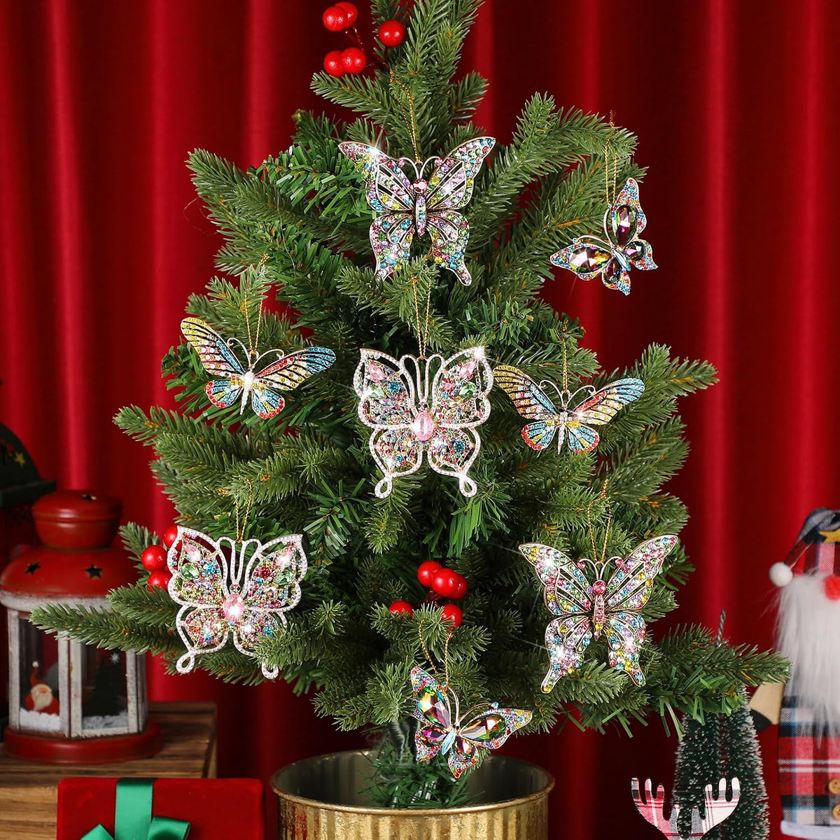 Peryiter 8 Pcs Metal Christmas Ornament Xmas Diamond Ornaments, Butterfly