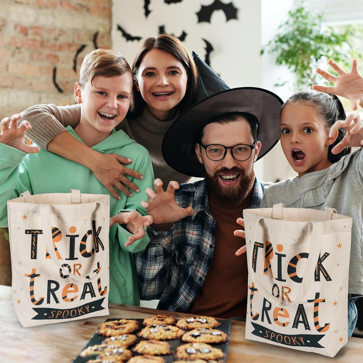 ATFUNSHOP 13.8" Large Halloween Tote Bag Trick or Treat Canvas Reusable Large Bucket for Kids Boo Pumpkin Ghost