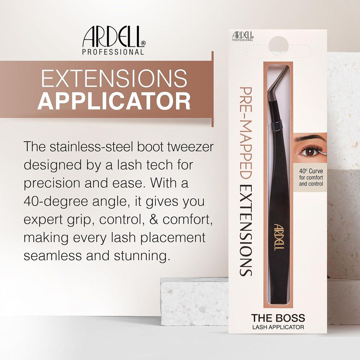 Ardell Pre-Mapped Eyelash Applicator Tool 40° Curved Lash Tweezers | Angled Curve Tip Tweezer, Perfect for Precise False Extensions Placement, Easy Application Helper Device, Faux Mink Black