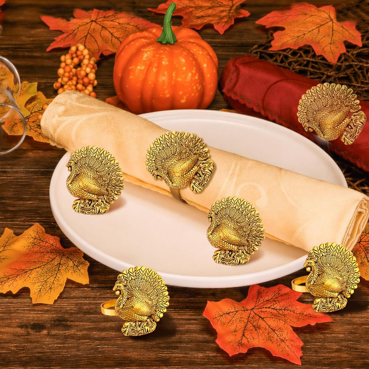 Turkey Napkin Rings Set of 12 Thanksgiving Gold Napkin Holders