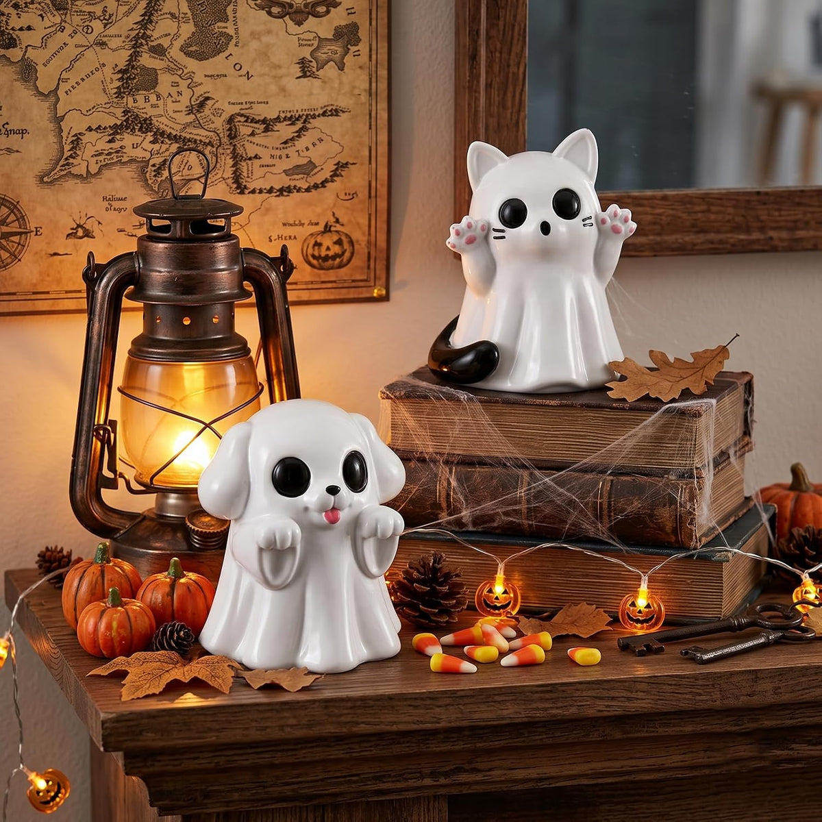 2Pcs Halloween Dog Cat Ghost Resin Figurines Statues Cute Spooky