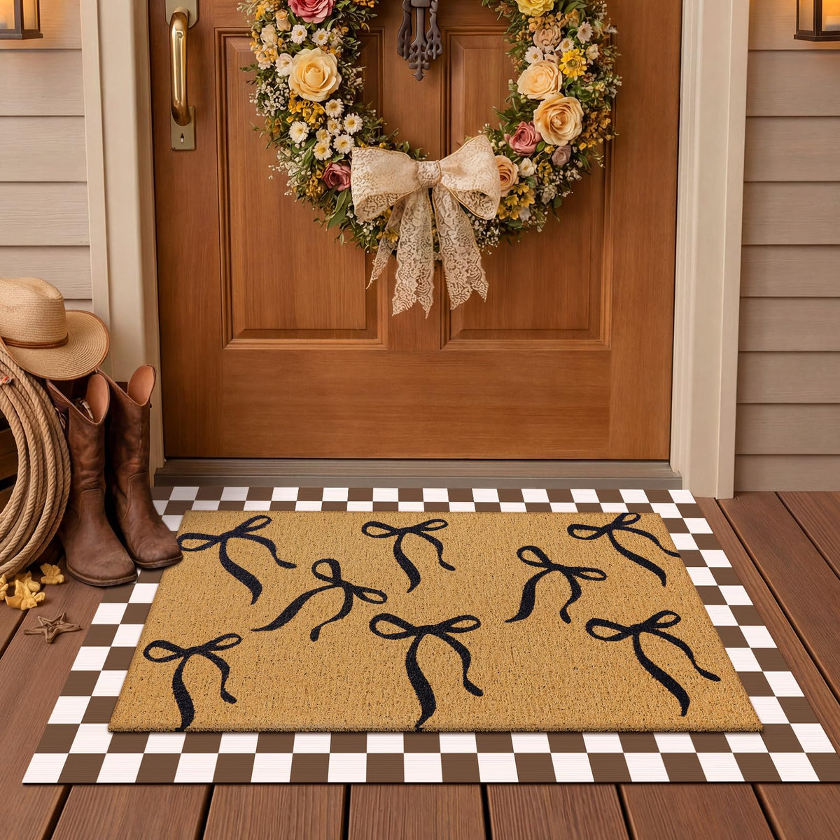 Tinideya 2 23.6 X 35.4 Inches Plaid Ghost Red Brown | Layered Coir Doormat Set, Non Slip Backing for Outdoor Entryway, Buffalo Plaid Seasonal Design, Front Porch Home Decor