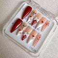 Luxury Handmade Press on Nails - Long Square White French Tips Press on Nail with Almond 3D Rhinestones, Flowers & Butterflies, Acrylic Multi-Layer Gel False Nails for Women (10Pcs Size M)