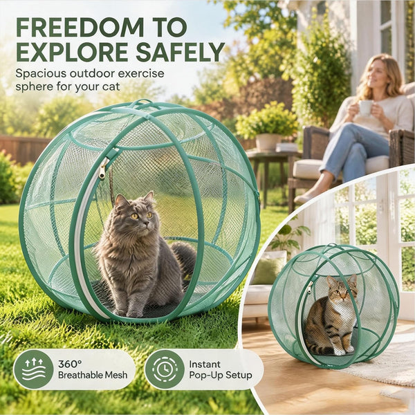 Outdoor Cat Enclosure, Giant Cat Hamster Ball for Outside, Mesh Ball Cat Cage, 360 Panoramic Rolling Cat Playpen, Foldable Breathable Mesh Pet Playpen with Zipper, Cat Outdoor Ball Cage