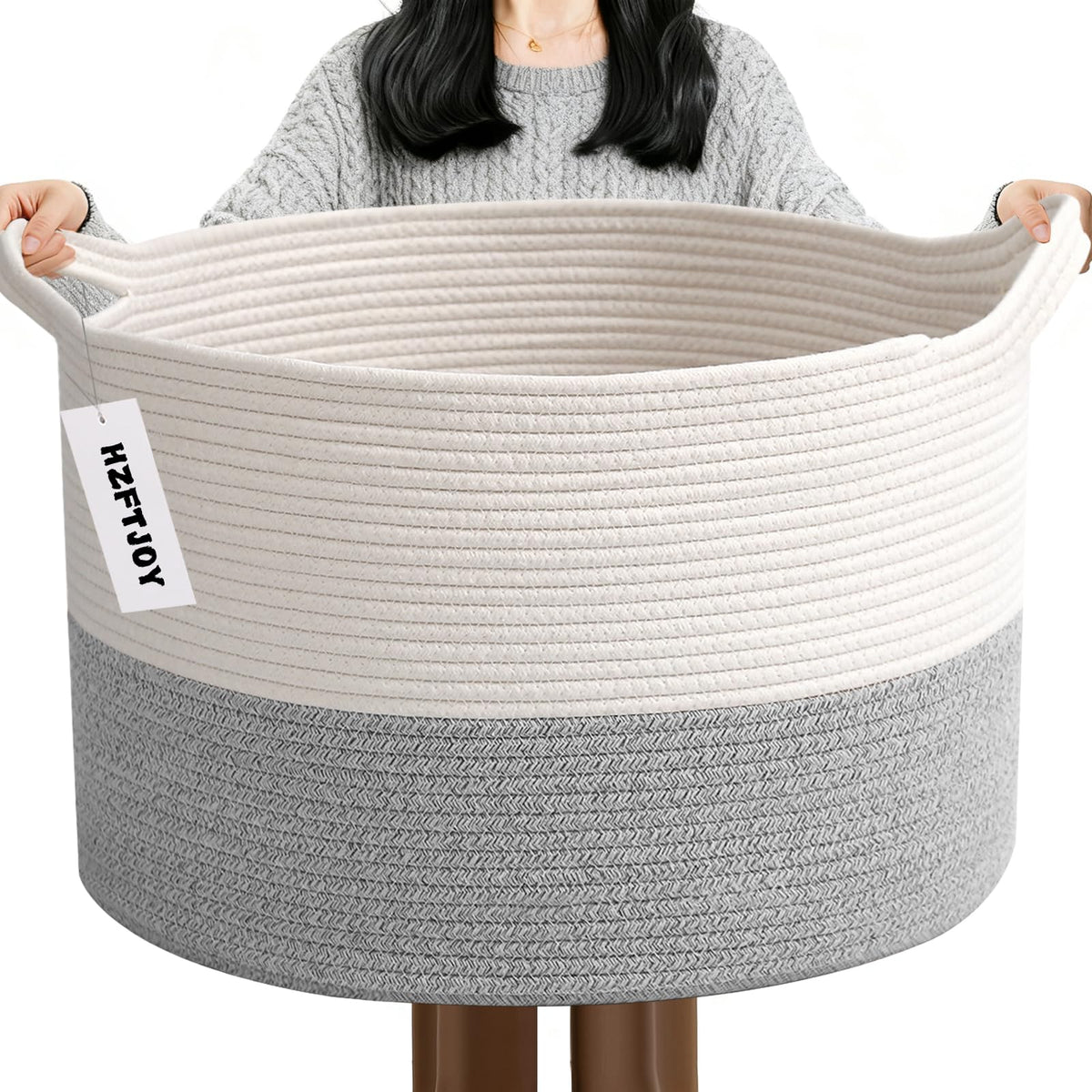 Large Woven Blanket Basket,65L Cotton Rope Laundry Basket Hamper with Handles, Decorative Nursery Basket Storage Bin for Toys, Clothes Organizer, Living Room, Bedroom, Bathroom, White & Brown