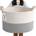 Large Woven Blanket Basket,65L Cotton Rope Laundry Basket Hamper with Handles, Decorative Nursery Basket Storage Bin for Toys, Clothes Organizer, Living Room, Bedroom, Bathroom, White & Brown