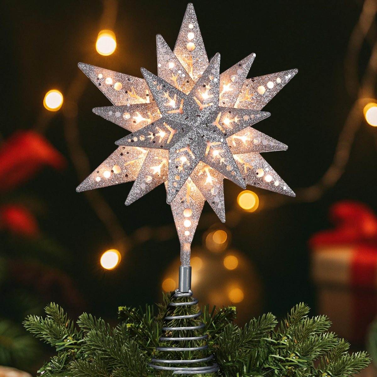 ODEETRONIC Christmas Star Tree Topper Lights, 9.5in UL Certified 3D Star Tree Topper, Double Sided Christmas Tree-top with 10 Count Incandescent Warm White Lights for Xmas Tree Home Decor, Gold